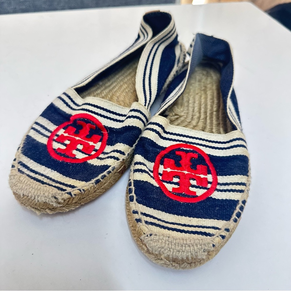Tory Burch Striped Espadrilles in Navy and Beige